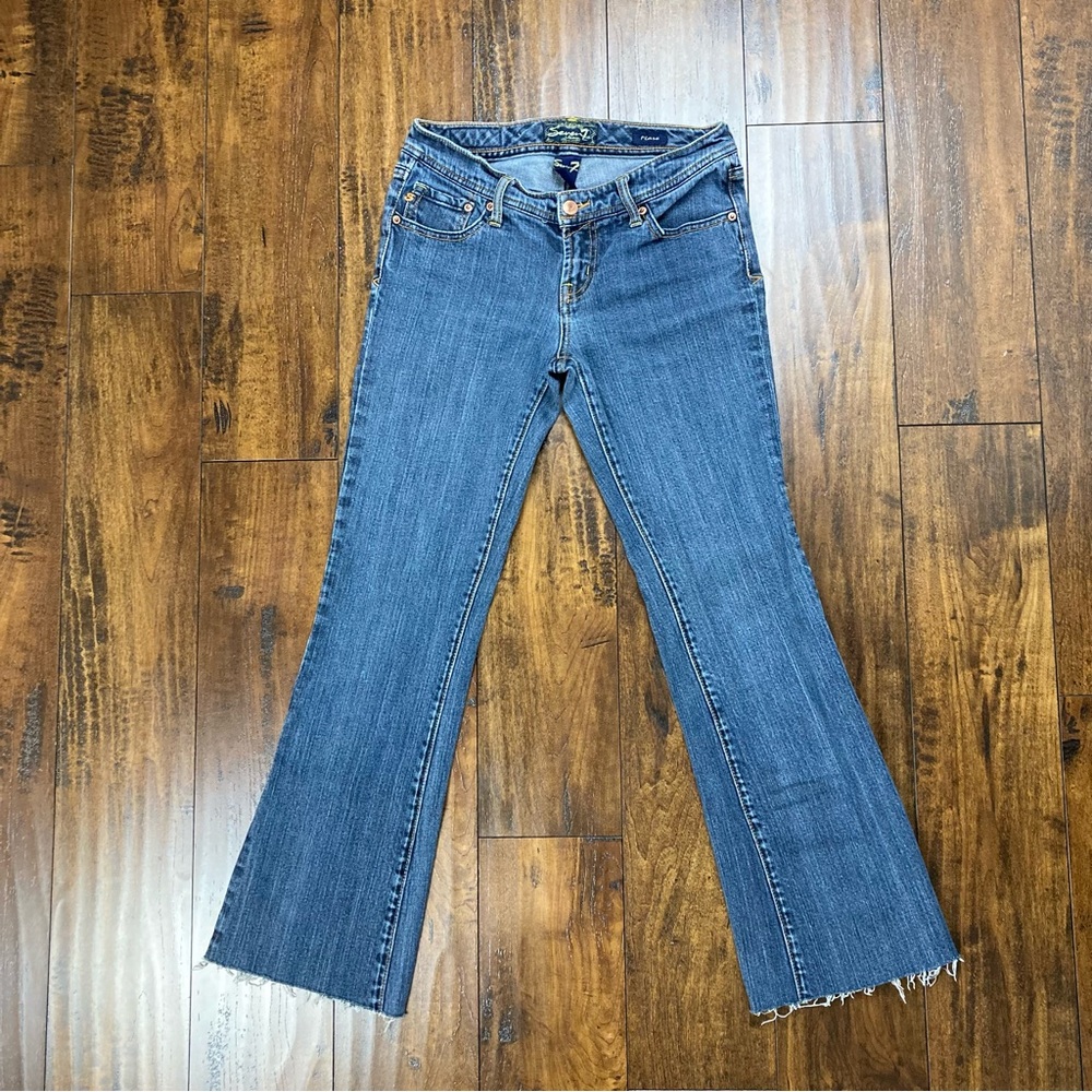 Seven7 Jeans Flare Stretch Denim Blue Raw Hem Medium Wash Women’s 27x28.